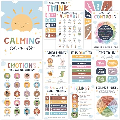 Boho 12 Calming Corner Klassenzimmer-Poster (25,4 x 35,6 cm) – Gefühle-Raddiagramm und Emotions-Poster für Kinder, Calm Down Corner Supplies für Therapie, Bürodekoration, psychische Gesundheit