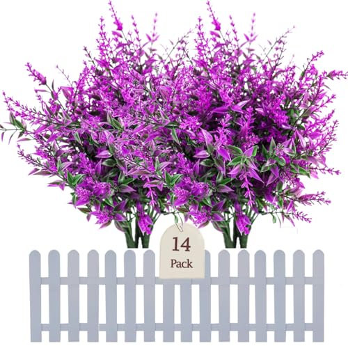 Sredumn 14 Bundles Artificial Flowers, outdoor artificial plants,UV Resistant Plastic Shrub Artificial Lavender, for outside, garden, hanging, basket, fence, window, trellis decoration