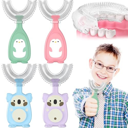 LYNJOVU 4 Pezzi Spazzolino da Denti a Forma di U, Spazzolino da Denti a Forma di U per Bambini, Pulizia dei Denti per l'igiene Orale a 360° (Blu + Viola + Rosa + Verde, 6-12 Anni)