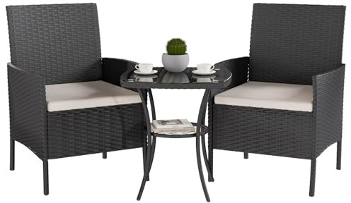UDPATIO Gartenmöbel Set 3-Teilige Lounge Balkonmöbel Set mit Gartentisch und 2 Stühlen für Kleiner Balkon Terrasse Draußen, Polyrattan Terrassenmöbel 2 Personen (Schwarz, Set 3-Teilige)