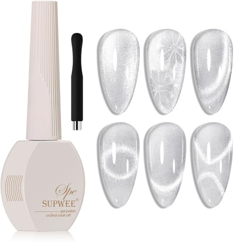 SUPWEE Universal Cat Eye Nagellack 2 In 1 Silber 9D Cat Eye UV Gel | Nagellack Glossy Holografischer Katzenaugen UV Gel Nail Art Manicure Salon Home
