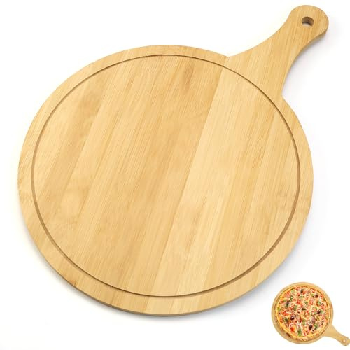 TYBYBB 12 Zoll Pizzateller Holz Pizzabrett rund, Schneidebrett Holz mit Griff, Pizza Bretter zum Bewegen von Pizza, für Foccacia oder Brot, Pizza-Holzbrett 30 x 42 x 1cm