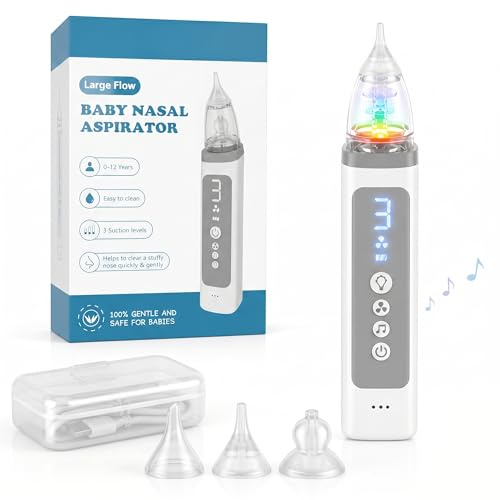 Aspirador Nasal para Bebe- eléctrica Aspirador Nasal Recargable (68 kPa, silencioso, 3 niveles ajustables, 7 luces relajantes, música relajante, fácil de limpiar