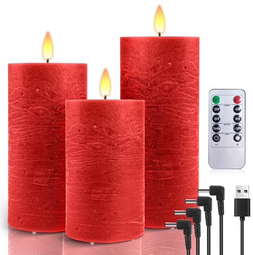 AiiBowy Candele LED Ricaricabili USB [3 pezzi] Candele a Pilastro Elettriche a LED Senza Fiamma, Tremolanti con Timer Remoto, Candele LED per Matrimonio Festa Halloween Natale Decorazione Della Rosso