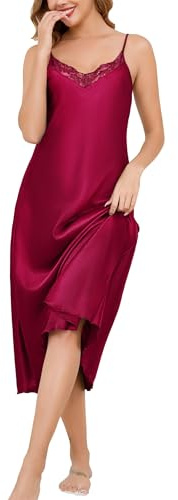 Vlazom Nuisette Femme Satin Longues Chemise de Nuit en Dentelle Col en V Robe de Nuit sans Manches Babydoll Bretelles Reglables
