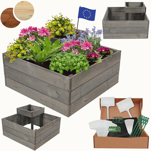 MODO24 Hochbeet Holz, Blumenkasten, Gartenbeet, 36x62x62cm, Grau | Robustes Kräuterbeet & Pflanzbeet aus Kiefernholz, Stufenförmiges Blumenbeet & Gartenbeet für Garten, Balkon & Terrasse
