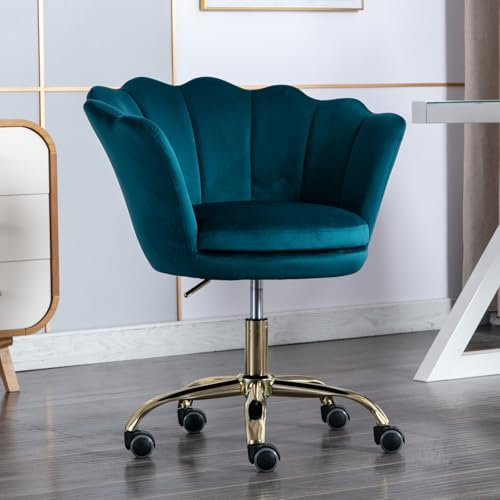 chairus Homeoffice Stuhl, Drehstuhl aus Samt Schreibtischstuhl höhenverstellbar Bürostuhl mit Blütenblatt-Rückenlehne, Vergoldeter Sockel Sessel für Schlafzimmer/Schminktisch,Blaugrün