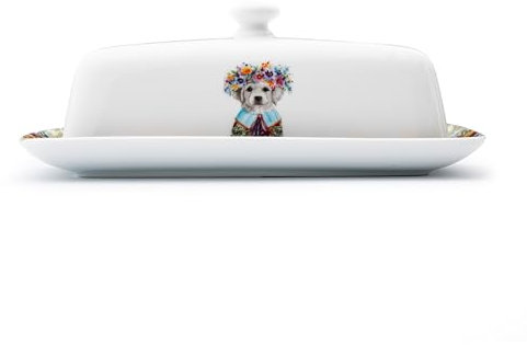 Mikasa Tipperleyhill Decorative Ceramic Butter Dish with Lid, Illustrated Quirky Puppy Butter Storage Dish, Food Storage and Improvement, 21 x 11 x 7cm
