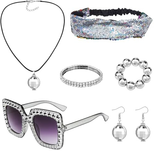 Maazusa 6 Stück 70er Disco Zubehör 80 Jahre Kostüm Zubehör Set Halsketten Stirnbänder Ohrringe Kugelarmbänder Diamantarmbänder Brillen für Themenparty Motivpartys Halloween