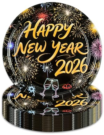 HFBOBP 50 piatti di carta per Capodanno, 17,8 cm, per feste di buon anno, usa e getta, nero e oro, set da tavola per feste di Capodanno 2026, decorazioni per cene