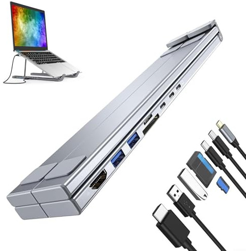Roqalmia Laptop Docking Stand | Tablet Stand for Desk Adjustable Height - 8 In 1 Multiport Adapter Quick Charge Cooling Riser Notebook Computer Desktop Home