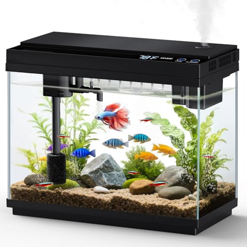 fishkeeper Nano akvarium komplett set, 9 l mini akvarium startset med LED, 4-i-1 smart akvarier självrengörande pump och filter, små akvarier set komplett med aromaterapi, temperaturvisning, timer