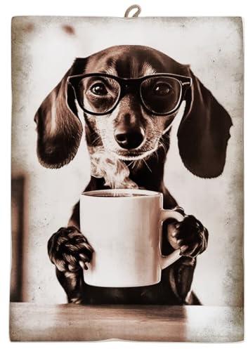 KUSTOM ART Wandbild Serie Tiere Hund Dackel mit Brille und Kaffeetasse Druck auf Holz 25x18cm