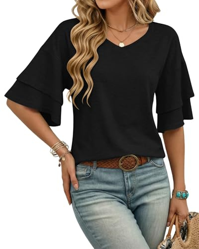 WNEEDU Black Womens Tops V Neck Ruffle Sleeve Ladies Blouses Short Bell Sleeve T Shirts for Women UK Spring Summer Fall Casual Shirt Tunic XL