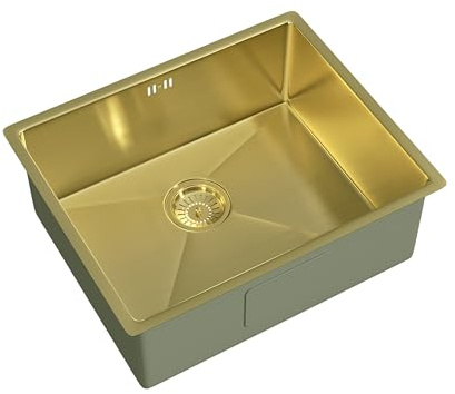 Flode 540x440mm Undermount Kitchen Sink & Waste Kit – Brushed Brass Stainless Steel Single Bowl Square 205mm Deep 90mm Waste Included