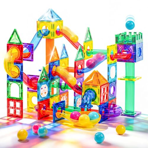 LARCIVELLE Magnetbausteine Kugelbahn Regenbogen Marble Run 125 Teile | 7,5cm Magnetische Bausteine Erweiterung Magnet Murmelbahn