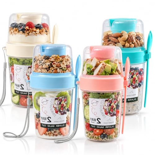 XPJBKC Müslibecher to Go mit Löffel, 4er Set 860ml Praktischer Joghurtbecher to Go Soßenbox, Obstbehälter, 2 Kammern Unterteilung Tragbarer Müsli to go Becher, BPA Frei, für Büro, Schule, Reisen