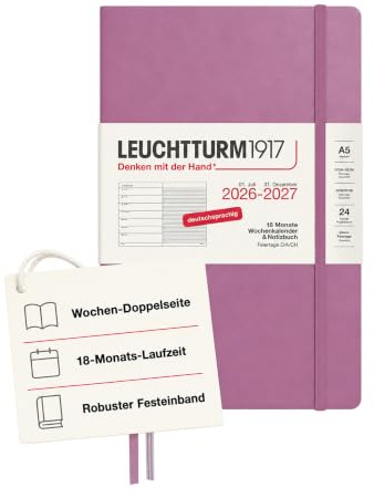 LEUCHTTURM1917 Wochenkalender 2027 A5 mit Notizbuch, liniert - Terminplaner Deutsch, 18 Monate Juli 2026 - Dezember 2027, Dusty Rose, Hardcover, 210 x 145 mm, Wochenübersicht links + Notizseite rechts