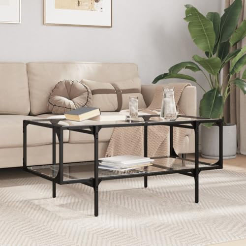 YunCangg Mesa de centro con tapa de cristal transparente, 98,5 x 50 x 45 cm, estructura de acero, mesa de salón con estante y espacio de almacenamiento, mesa auxiliar moderna para sofá, salón y