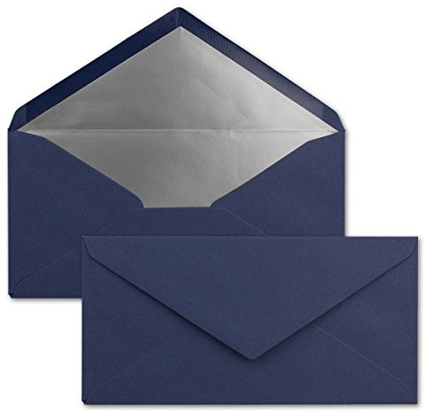 100 Brief-Umschläge DIN Lang - Dunkel-Blau/Nachtblau mit Silber-Metallic Innen-Futter - 110 x 220 mm - Nassklebung - festliche Kuverts für Weihnachten