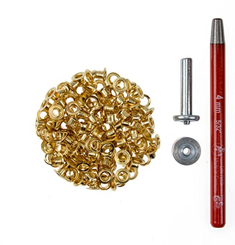 100 Stück Metall Ösen rostfrei (Eyelet) mit Scheiben 4 mm + Locheisen + Ösenwerkzeug (gold)