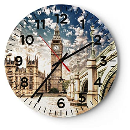 Modern Wanduhr London Architektur Big Ben 30x30cm Rund Klein Wand Uhr Glas Analog Zimmeruhren Küche Büro Wohnzimmer Glasuhr Wall Clock Dekoration Design Wanddekoration Küchenuhr C4AR30x30-2415