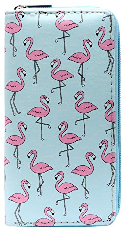 DonDon Geldbörse Damen mit Reißverschluss Portemonnaie Geldbeutel Damen Kinder Mädchen Flamingos blau