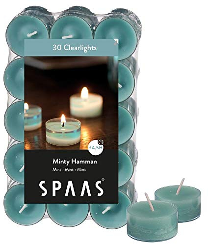 Spaas 30 luci profumate, Candele in Tazza Trasparente, ± 4,5 Ore, Cera paraffinica, Bicchiere di plastica, Verde Smeraldo, Minty hammam, unità