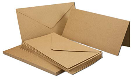 100 x Kraftpapier-Karten Set DIN Lang Naturbraun - Karte:DIN Lang - 20,9 x 10,4 cm (offen 20,9 x 20,9 cm) - 220 g/m² - mit passenden Brief-Umschlägen Nassklebung