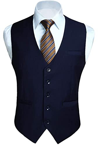 HISDERN Gilet Blu navy da uomo in cotone solido con gilet da lavoro formale da uomo