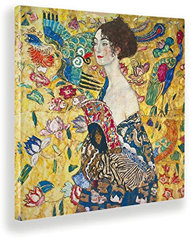 Giallobus - Cuadro - Gustav Klimt - Dama con abanico - Lienzo con marco estándar - 50L x 50l cm - Listo para colgar - Cuadros modernos