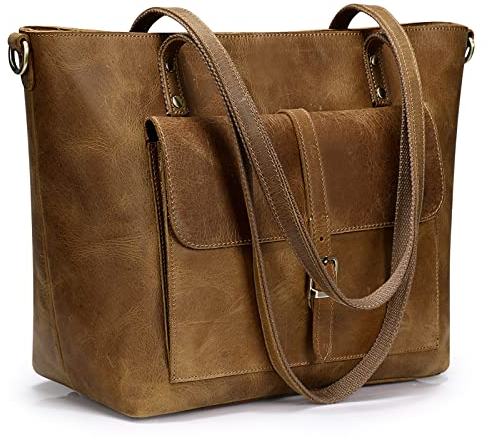 S-ZONE Women Vintage Genuine Leather Tote Bag Large Shoulder Purse Work Handbag