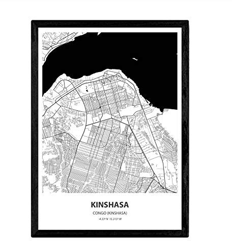 Nacnic Poster mit Karte von Kinshasa - Kongo. Blätter Städte in Afrika mit Meeren und Flüssen in schwarzer Farbe. A4-Format