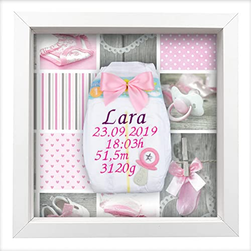 Tanjo Bestickte Windel im Rahmen weiß, Mädchen, süßes Geschenk zur Geburt I Taufgeschenk, mit Kristallen verziert | Name, Datum, Uhrzeit, Gewicht und Größe+D21 | Nachhaltiges Babygeschenk