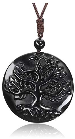 JOVIVI Tree of Life Obsidian Crystal Stone Healing Amulet Protection Pendant Necklace Men Handcarved Natural Black Gemstone Quartz Jewellery for Women Gifts