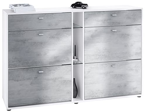 Vladon Schuhschrank Schuhkipper Today 155,5 x 95 x 28 cm, Made in Germany, Korpus in Weiß matt, Fronten in Beton Oxid Optik