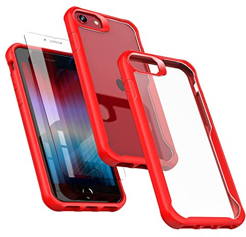 ORETECH Coque Compatible avec iPhone SE 2022 5G avec 2 Verre Trempé,Souple Silicone Bumper Dos PC Rigide Clair Coque iPhone SE 2022 Antichoc Housse de Protection pour iPhone SE3/SE2020/8/7 Rouge