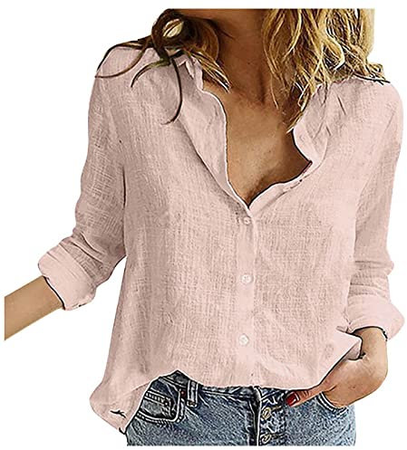 SCBFDI Femmes à Manches Longues Chemises en Lin Bouton Blouses de Couleur Unie Lumière Désinvolte Lâche Tops de Tunique Assortis