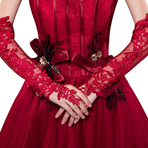 Hochzeit Braut Handschuhe - Spitze Blume Ellenbogen Lang Fingerlos Hochzeithandschuhe für Opera, Fest, Party, Geburtstag, Karneval, Tanzen, Abend - Damen Kostüm Accessoires, Weinrot