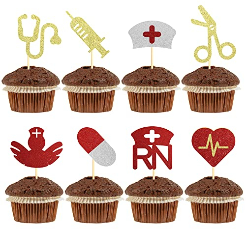 Sumerk Nurse Happy Birthday Cupcake Toppers Glitter Medical Nurse Theme Cupcake Decorations RN Birthday Party Supplies - Pack of 28