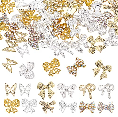 SUPERFINDINGS 72 Stück 12 Stile Bögen Nail Art Dekoration 3D Schmetterling Legierung Strass Nagel Charms Bowknot Nail Art Dekoration Für Nägel Handy Charm DIY Bastelzubehör