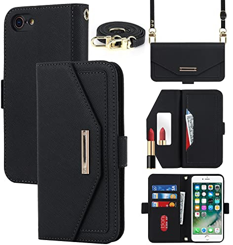Cavor Case compatible with iPhone 7 Plus/8 Plus Phone Case With Strap,Crossbody Flip Leather Wallet Case,[5 Card Holder][Mirror][Magnetic],Lanyard Case Cover for women - Black