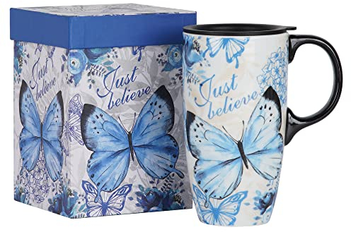 Topadorn Ceramic Mug with Lid and Gift Box Latte Mug Coffee Cup,17oz.Blue Butterfly