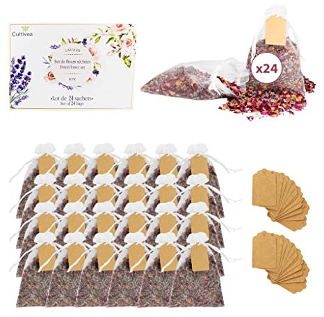 CULTIVEA® 24 sachets de Fleurs séchées et pétales de Lavande – Rose et Lavande - Décoration, Saint Valentin, Anniversaire, Mariage, Bapteme, Pot pourri - Biodegradable, désodorisant, Naturel, parfumé