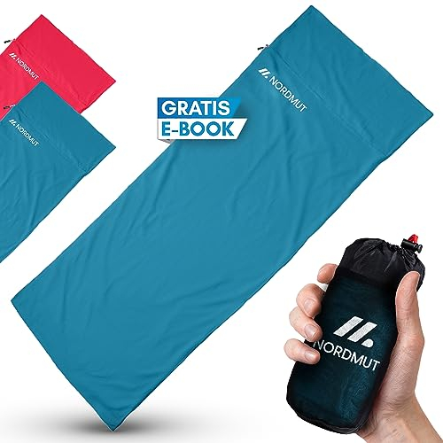 NORDMUT® Hüttenschlafsack Mikrofaser Ultraleicht - Sommerschlafsack Kleines Packmaß & Atmungsaktiv - Schlafsack Dünn & besonders weich inkl. Kissenfach [220 x 90 cm]