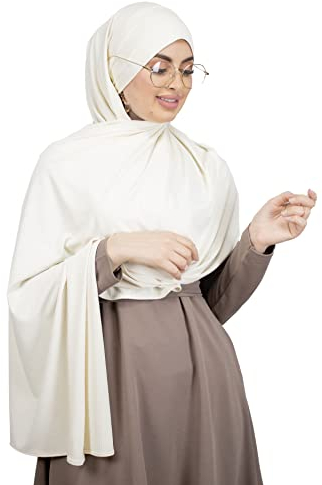 Hijab zum Binden mit Brillen-/Kopfhörer-Öffnungen, Jersey, gerippt, muslimische Frauen, HE510, Cremefarben, One size