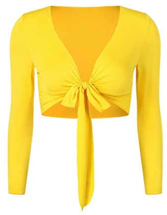 TiaoBug Damen Bauchtanz Kostüm Oberteil Langarm Spitzen Trompetenärmel Jäckchen Binden Top Knoten Shirts Bluse mit Münze Quasten Gelb G M