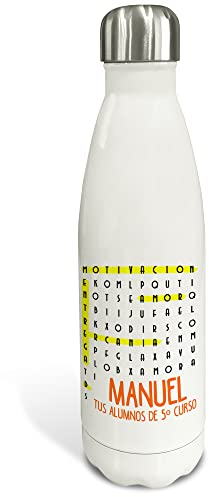 LolaPix Botella agua personalizada. Botella personalizada. Botella acero inoxidable. Botella térmica de doble capa. Libre BPA. 500ml y 750ml. Regalos originales para profesores. SOPA DE LETRAS