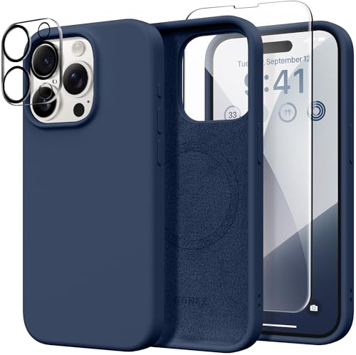 GONEZ for iPhone 15 Pro Case Compatible with Magsafe, [Screen Protector + Camera Lens Protector], Soft Silicone Shockproof Anti-Scratch Full Body Protective Phone Case 6.1 2023, Dark Blue