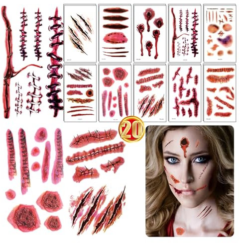 20Sheets Halloween Scar Tattoos Stickers Waterproof zombie tattoo Makeup scar tattoos Stickers Halloween Scar Makeup Halloween makeup accessories for men and women